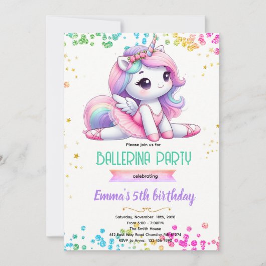 Unicorn ballerina party invitation 招待状 (正面)