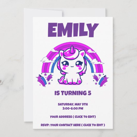 Unicorn Birthday Girl Invite | Editable 招待状 (正面)