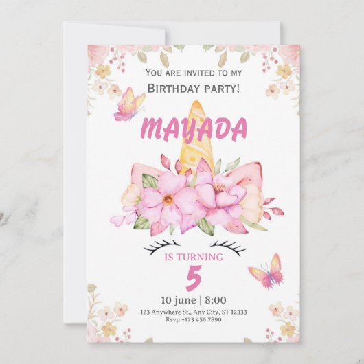 Unicorn Birthday Invitation for Girls  招待状 (正面)