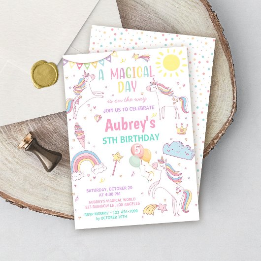 Unicorn Birthday Invitation Magical Pastel Rainbow 招待状