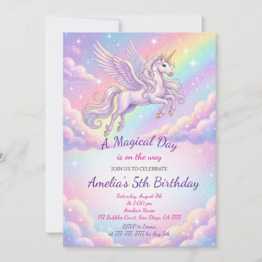 Unicorn Birthday Invitation Rainbow Unicorn Party 招待状 (正面)