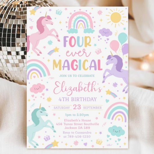 Unicorn Birthday Invitation Template, Four-Ever Ma 招待状