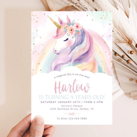 Unicorn Birthday Invitation Template, Rainbow Unic 招待状