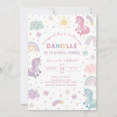 Unicorn Birthday Invitation Three. Pastel Party 招待状 (正面)