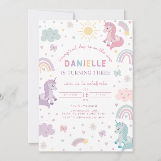 Unicorn Birthday Invitation Three. Pastel Party 招待状 (正面)
