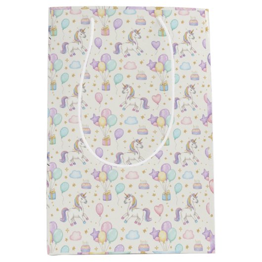 Unicorn Birthday Magic – Pastel Balloons & Cakes ミディアムペーパーバッグ (正面)