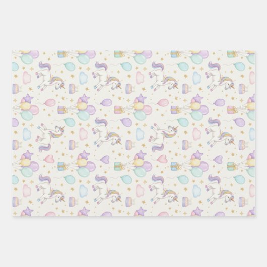 Unicorn Birthday Magic – Pastel Balloons & Cakes  ラッピングペーパーシート (正面)