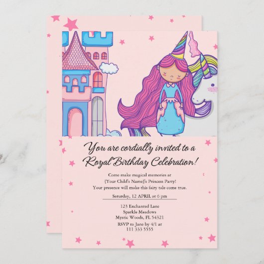 Unicorn Birthday Partyとの童話プリンセス 招待状 (正面/裏面)