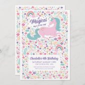 Unicorn Birthday Party Floral Pink Girls  招待状 (正面/裏面)