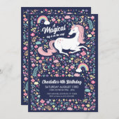 Unicorn Birthday Party Floral Pink Navy Girls  招待状 (正面/裏面)