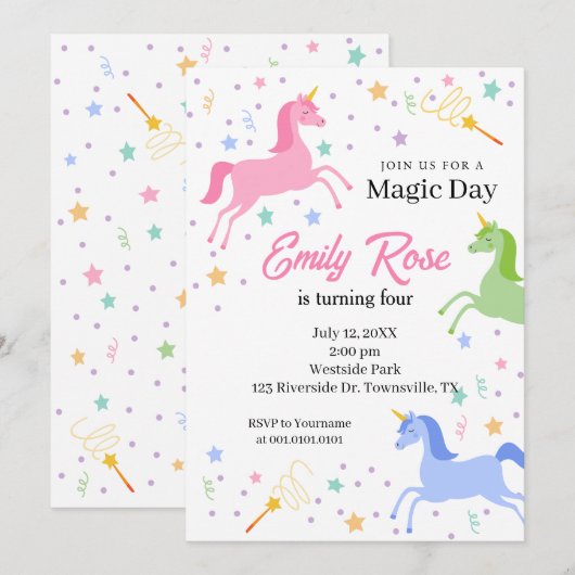 Unicorn Birthday Party Invitation 招待状 (正面/裏面)