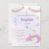 Unicorn Birthday Party, Rainbow & Clouds for Kids 招待状 (正面)