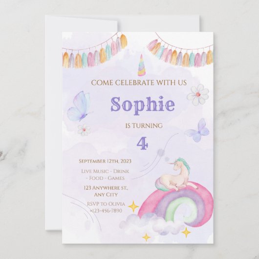 Unicorn Birthday Party, Rainbow & Clouds for Kids 招待状 (正面)
