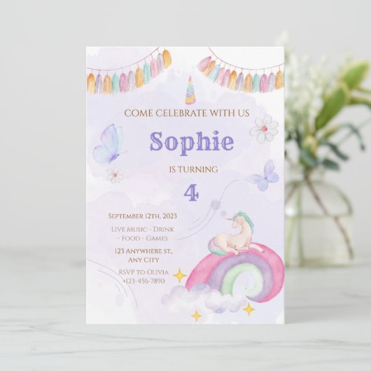 Unicorn Birthday Party, Rainbow & Clouds for Kids 招待状 (スタンド正面)