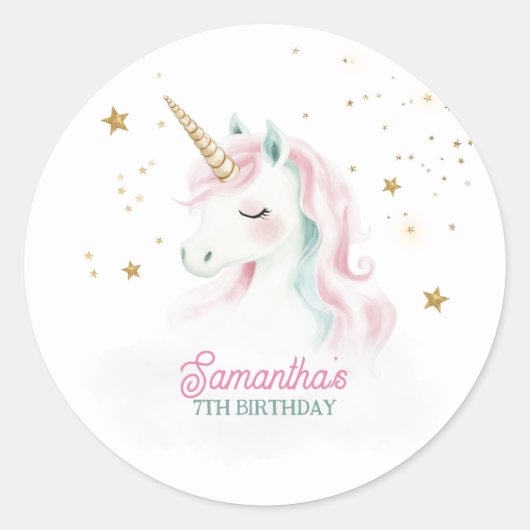 Unicorn Birthday, Pastel Unicorn, Rainbow ラウンドシール (正面)