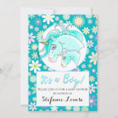 Unicorn Blue Dapple男の子!(青い花) 招待状 (正面)