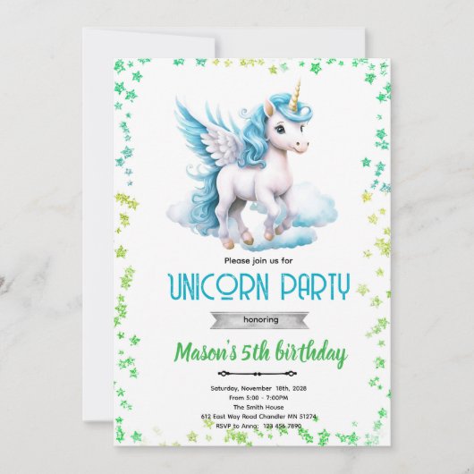 Unicorn boy birthday party invitation 招待状 (正面)
