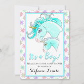 Unicorn Cartoon Blue Dapple男の子! 招待状 (正面)