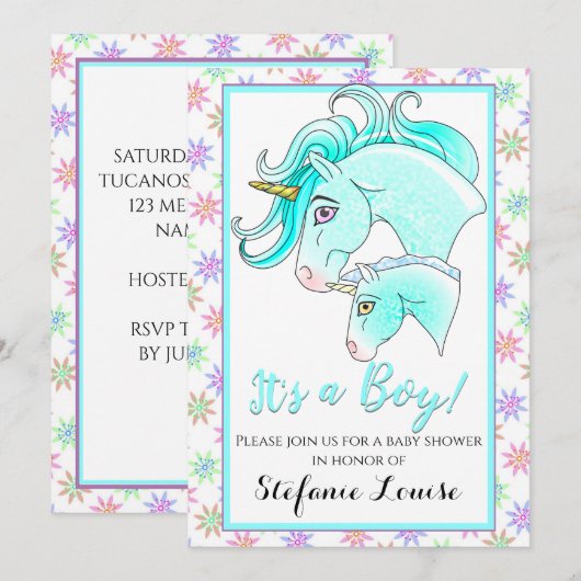 Unicorn Cartoon Blue Dapple男の子! 招待状 (正面/裏面)