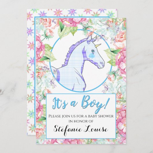 Unicorn Cartoon Pink Tarta男の子! 招待状 (正面/裏面)