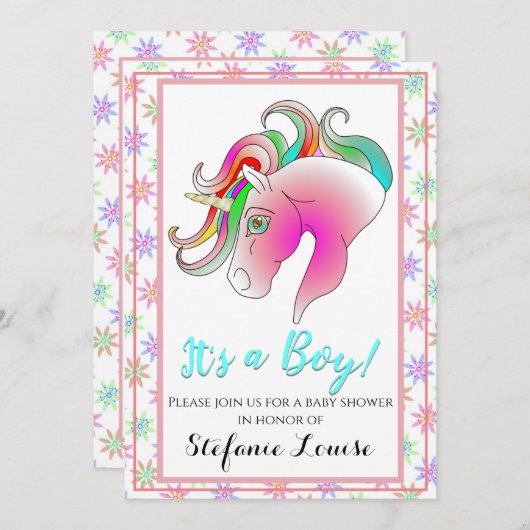 Unicorn Cartoon Rainbow男の子!(金ゴールドホーン) 招待状 (正面/裏面)