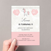 Unicorn Cute Pink 1st Birthday Party Invitation アクリル招待状 (インサイチュ (ポータブル))