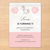 Unicorn Cute Pink 1st Birthday Party Invitation アクリル招待状 (正面)