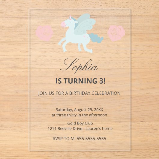 Unicorn Cute Pink Blue Birthday Party Invitation アクリル招待状 (正面)