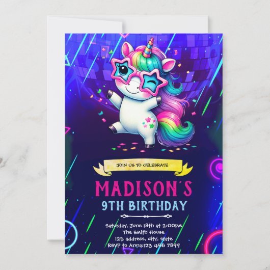 Unicorn dance birthday party invitation 招待状 (正面)