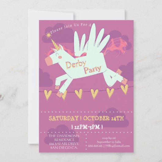 Unicorn Derby Party Invitation Kids Birthday Magic 招待状 (正面)