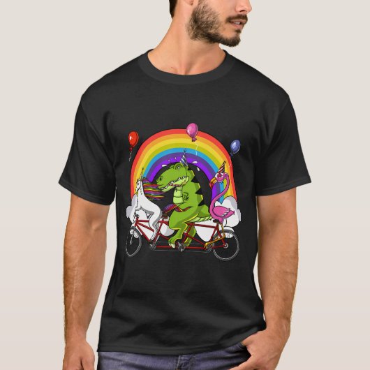 Unicorn Dinosaur Flamingo Riding Bicycle Tシャツ (正面)