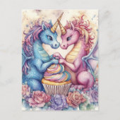 Unicorn Dragons With Cupcake and Flowers ポストカード (正面)