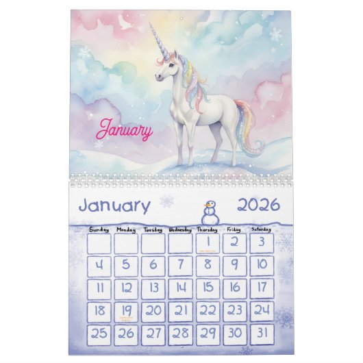 Unicorn Dreams Personalized Kids Calendar 2026 カレンダー (1月 2026)