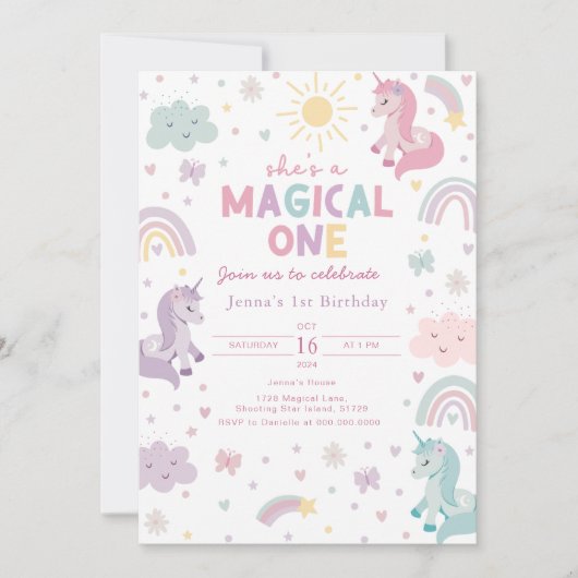Unicorn First Birthday Invitation. Pastel Rainbow  招待状 (正面)