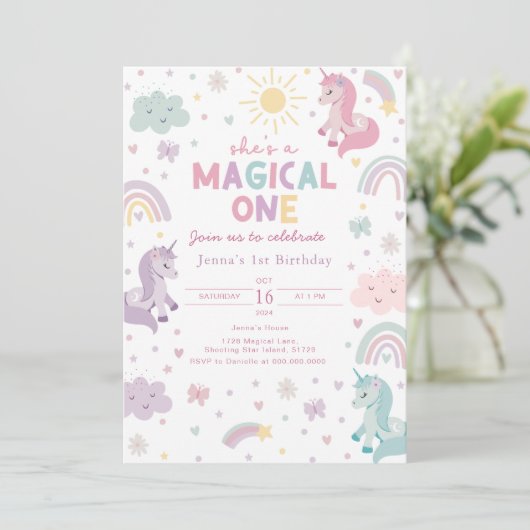 Unicorn First Birthday Invitation. Pastel Rainbow  招待状 (スタンド正面)