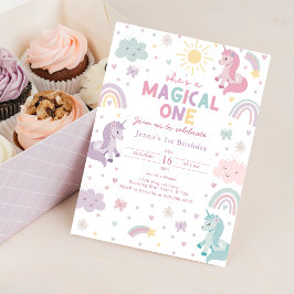 Unicorn First Birthday Invitation. Pastel Rainbow 招待状