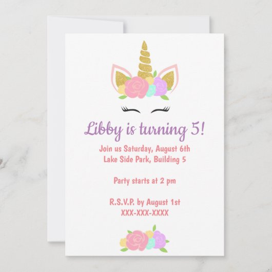 Unicorn Floral Birthday Party Invitation 招待状 (正面)