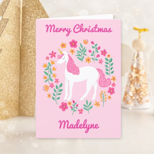 Unicorn Floral Cute Pink Merry Christmas シーズンカード