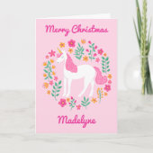 Unicorn Floral Cute Pink Merry Christmas シーズンカード (正面)