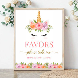 Unicorn Floral Favors Please Take One ポスター