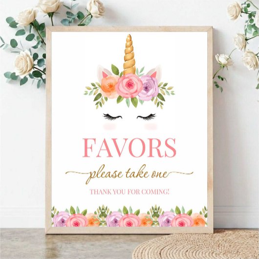 Unicorn Floral Favors Please Take One ポスター