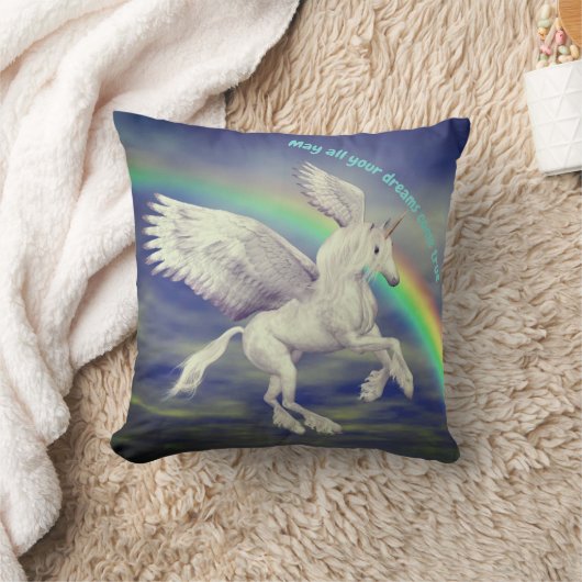 Unicorn Flying Over Rainbow Dreams Inspirational クッション (ブランケット)