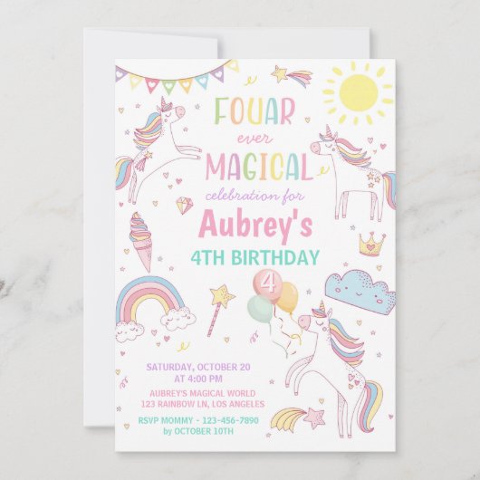 Unicorn Four Ever Magical 4th Birthday 招待状 (正面)