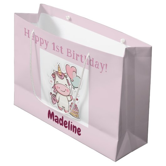 Unicorn Gift Wrap, 1st Birthday Girl, Personalized ラージペーパーバッグ (正面アングル)