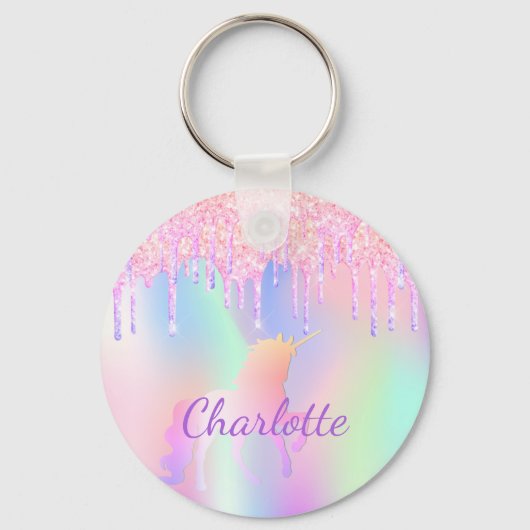 Unicorn glitter rainbow monogram name holographic キーホルダー (正面)