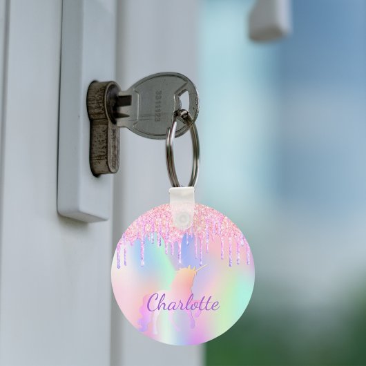 Unicorn glitter rainbow monogram name holographic キーホルダー