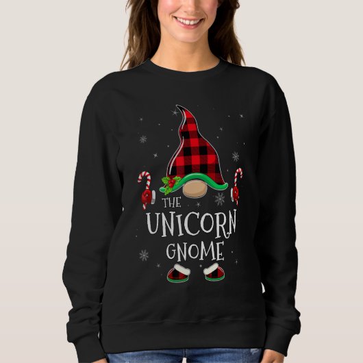 Unicorn Gnome Buffalo Plaid Matching Family Christ スウェットシャツ (正面)