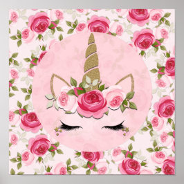 Unicorn Gold Pink Floral Roses Cute Trendy  ポスター