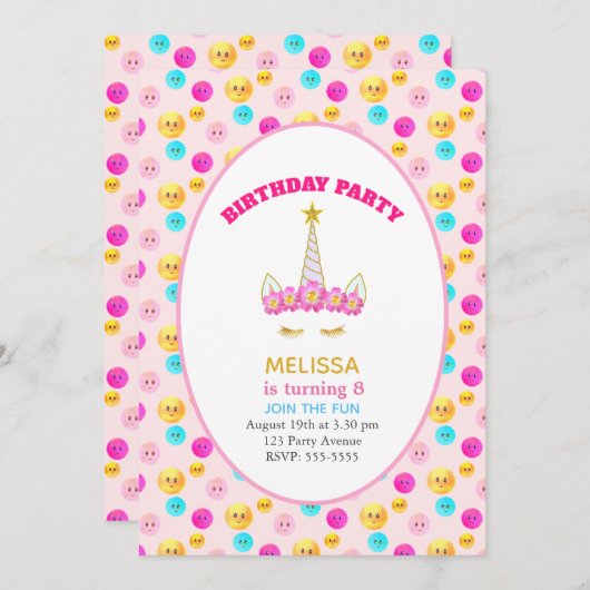 Unicorn & Happy顔オンピンクバースデーパーティー 招待状 (正面/裏面)