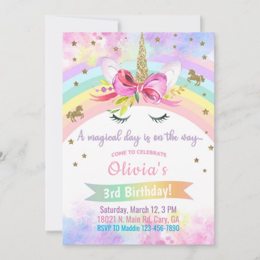 Unicorn head & flowers girl birthday invitation。i 招待状 (正面)